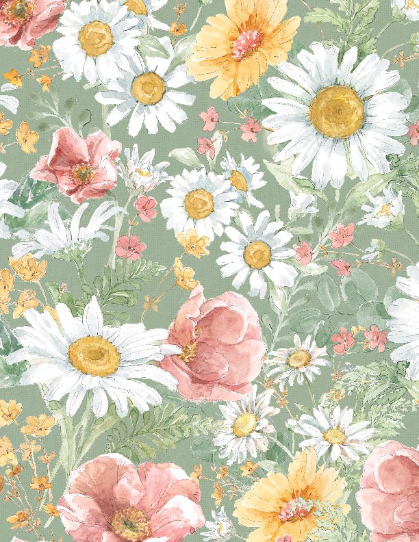 Daisy Days Packed Floral Green Quilt Fabric 3028 83310 713 - Jammin Threads