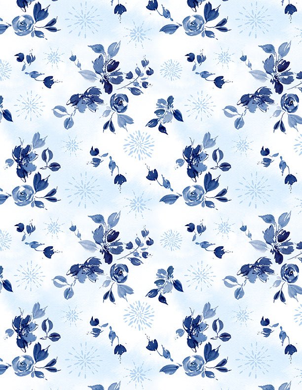 Dreaming in Blue Quilt Fabric. Bouquet Toss White. 3060 36275 140 - Jammin Threads