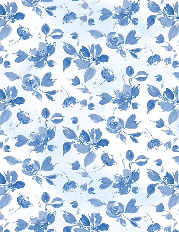 Dreaming in Blue Quilt Fabric. Toss Flowers White. 3060 36274 104 - Jammin Threads