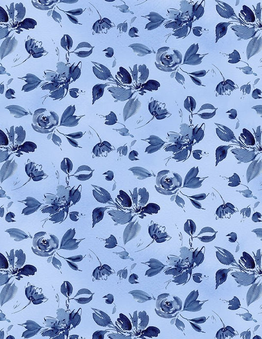 Dreaming in Blue Quilt Fabric - Tossed Flowers Medium Blue. 3060 36274 404 - Jammin Threads