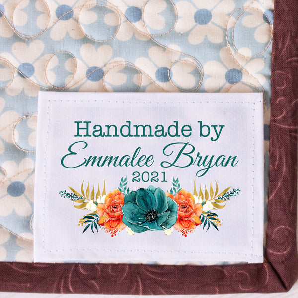 Floral quilt labels in green and orange. Sheet of 8 Quilt Labels