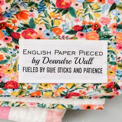 English Paper Pieced Quilt Labels – Fueled by Glue Sticks and Patience – Personalized EPP Labels – Cotton – 10 per Sheet - Jammin Threads