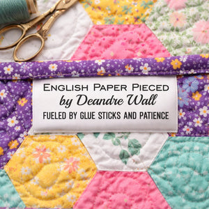 English Paper Pieced Satin Quilt Tags – Fueled by Glue Sticks and Patience – Personalized EPP Sew - In Labels – Set of 25 - Jammin Threads