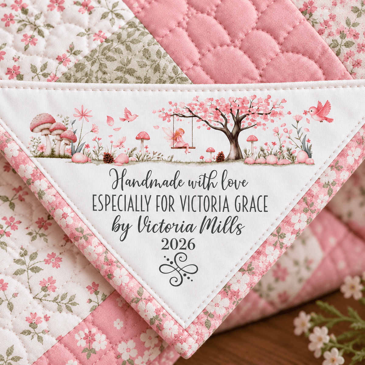 Fairy Garden Personalized Corner Quilt Label – Pink Mushrooms & Flowers - Jammin Threads