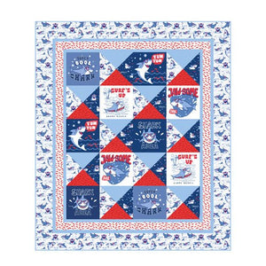 Fin - tastic Shark Quilt Kit – Beginner Friendly 64” x 75” Quilt with Personalized Satin Label | Shark Attack Fabric by Northcott - Jammin Threads