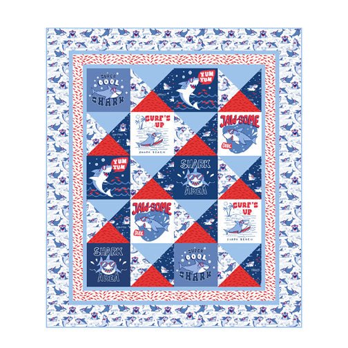 Fin - tastic Shark Quilt Kit – Beginner Friendly 64” x 75” Quilt with Personalized Satin Label | Shark Attack Fabric by Northcott - Jammin Threads