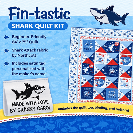 Fin - tastic Shark Quilt Kit – Beginner Friendly 64” x 75” Quilt with Personalized Satin Label | Shark Attack Fabric by Northcott - Jammin Threads