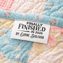Finally Finished in 2026 Personalized Satin Quilt Tags – Custom Maker Name – Set of 25 - Jammin Threads