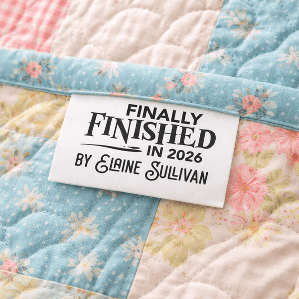 Finally Finished in 2026 Personalized Satin Quilt Tags – Custom Maker Name – Set of 25 - Jammin Threads