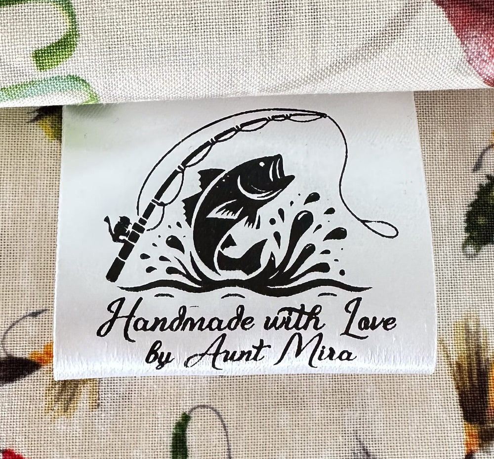 Personalized Fishing Quilt Tag, Custom Satin Fold Over Label with Fish Design 2 x 1.5 Inch - Jammin Threads