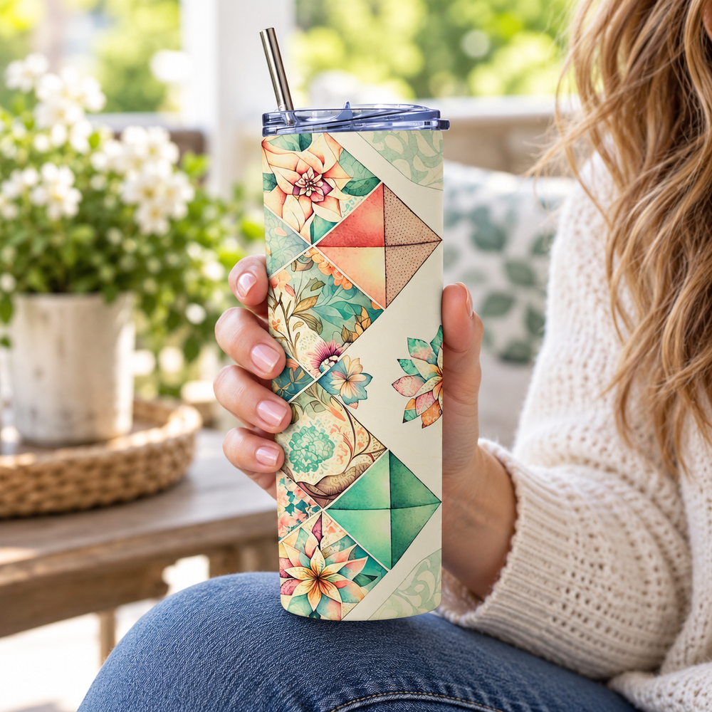 Floral Patchwork Quilt Skinny Tumbler – 20 oz Stainless Steel Quilter Gift - Jammin Threads