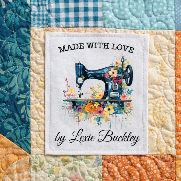 Floral Sewing Machine Quilt Labels – Personalized Made With Love Quilt Label – Custom Quilt Tag – Cotton or Polyester – 6 per Sheet - Jammin Threads