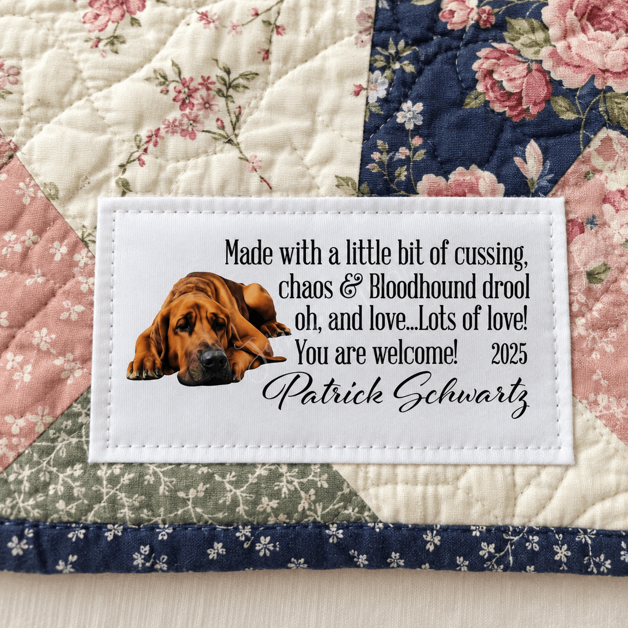 Funny Bloodhound Quilt Label – Personalized Dog Lover Quilt Tag - Jammin Threads