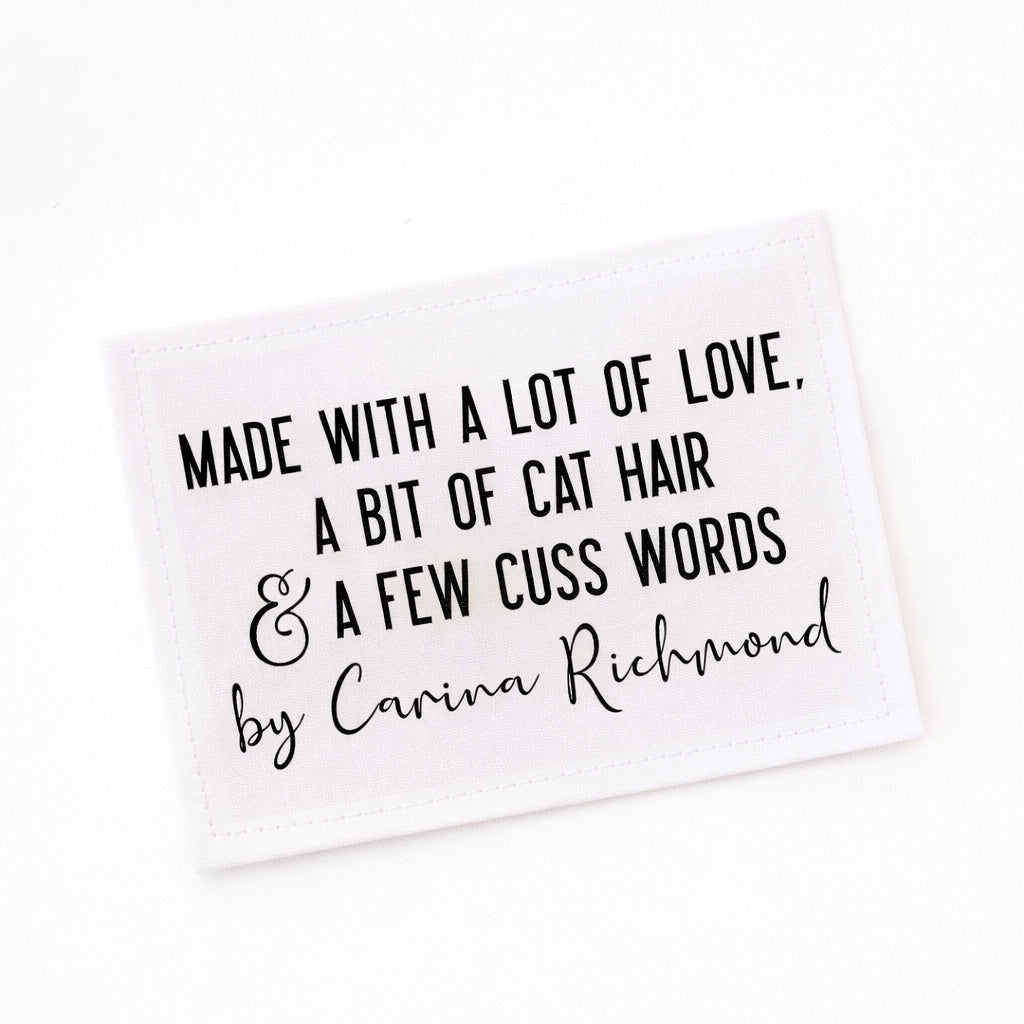 Funny Cat Hair Quilt Label – Personalized Quilter Label – Made with Love, Cat Hair & Cuss Words – Custom Sewing Label (8 per Sheet) - Jammin Threads