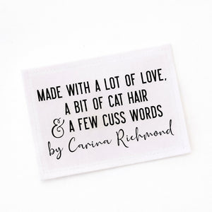 Funny Cat Hair Quilt Label – Personalized Quilter Label – Made with Love, Cat Hair & Cuss Words – Custom Sewing Label (8 per Sheet) - Jammin Threads