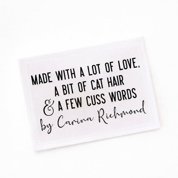 Funny Cat Hair Quilt Label – Personalized Quilter Label – Made with Love, Cat Hair & Cuss Words – Custom Sewing Label (8 per Sheet) - Jammin Threads