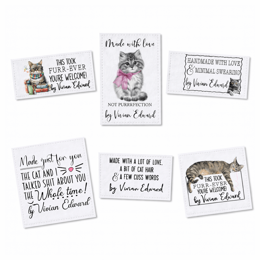 Funny Cat Quilt Label Assortment – Sarcastic Cat Quilt Labels – 6 Fabric Quilt Labels per Sheet | Jammin’ Threads - Jammin Threads