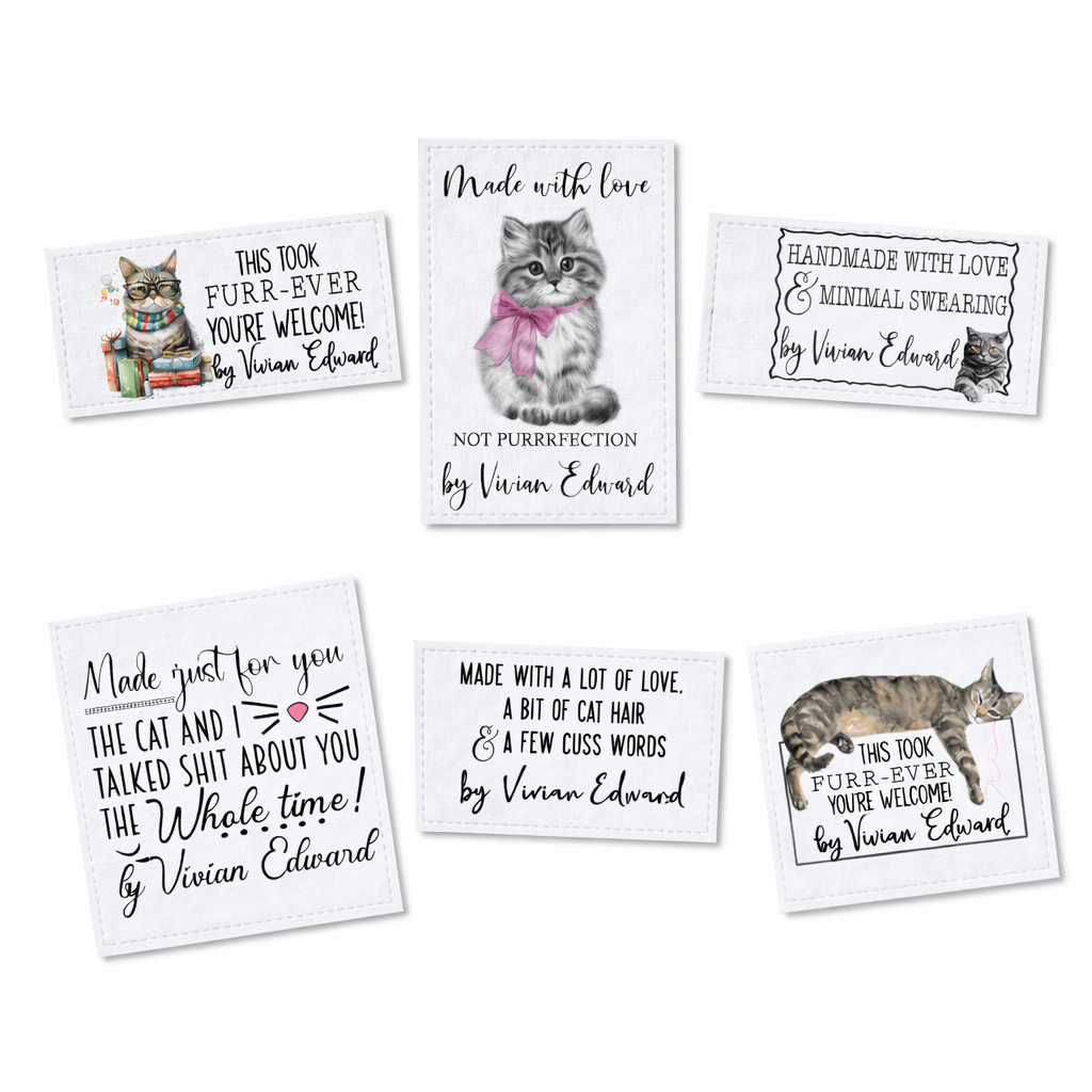 Funny Cat Quilt Label Assortment – Sarcastic Cat Quilt Labels – 6 Fabric Quilt Labels per Sheet | Jammin’ Threads - Jammin Threads