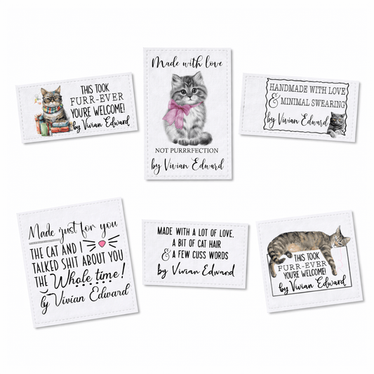 Funny Cat Quilt Label Assortment – Sarcastic Cat Quilt Labels – 6 Fabric Quilt Labels per Sheet | Jammin’ Threads - Jammin Threads