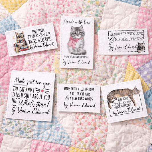 Funny Cat Quilt Label Assortment – Sarcastic Cat Quilt Labels – 6 Fabric Quilt Labels per Sheet | Jammin’ Threads - Jammin Threads