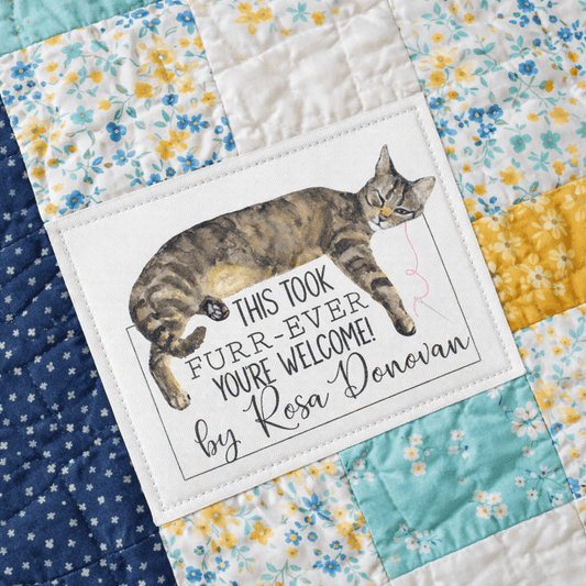 Funny Cat Quilt Label “This Took Furr - ever You’re Welcome” – Personalized Quilt Label with Name – Cat Quilt Tag – Handmade Quilt Label - Jammin Threads