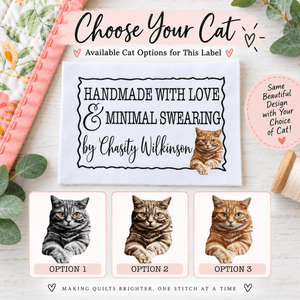 Funny Cat Quilt Labels – Handmade with Love & Minimal Swearing – Personalized Quilting Labels - Jammin Threads