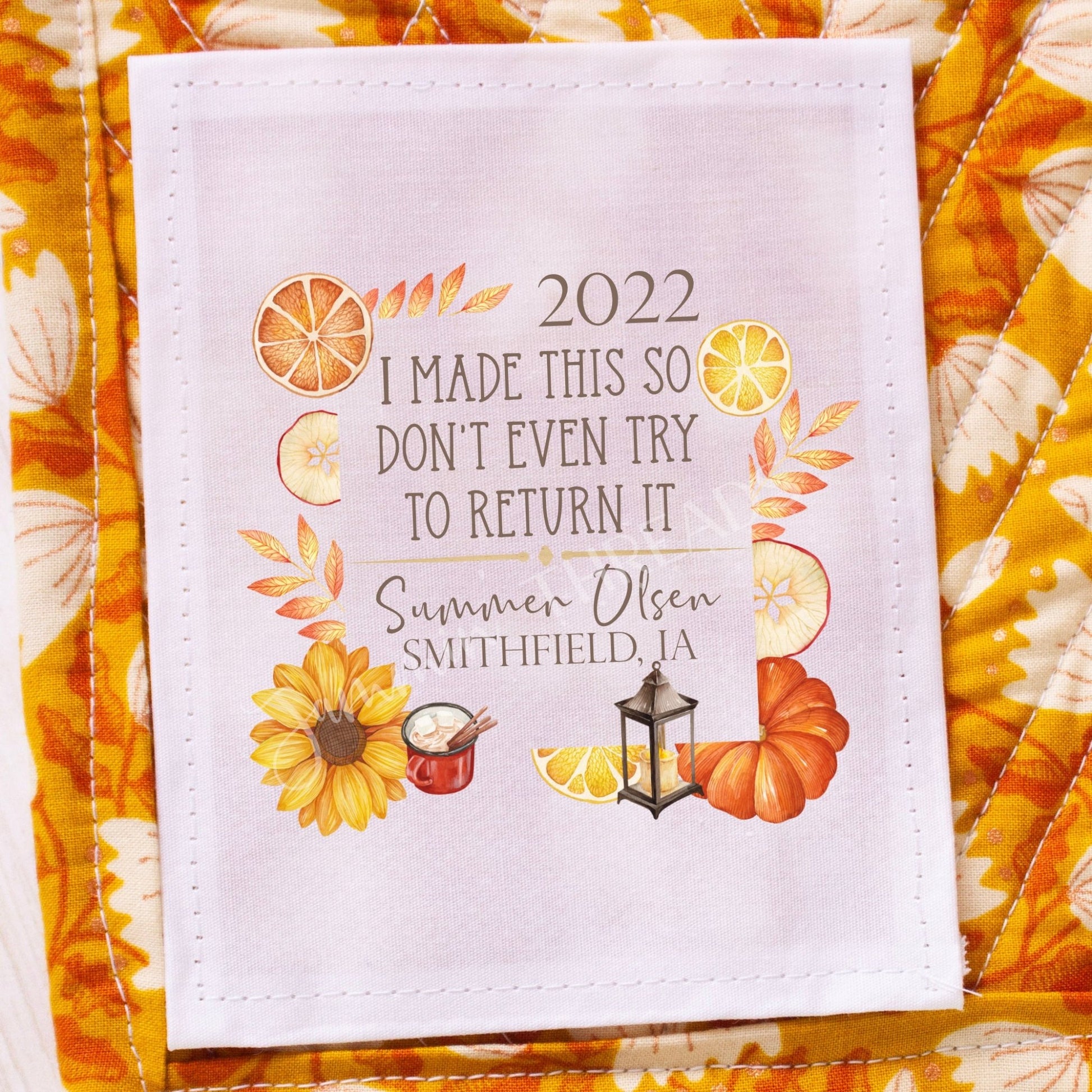 Funny fall floral quilt label personalized with the name of the maker, location and a year. - Jammin Threads