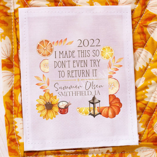 Funny fall floral quilt label personalized with the name of the maker, location and a year. - Jammin Threads