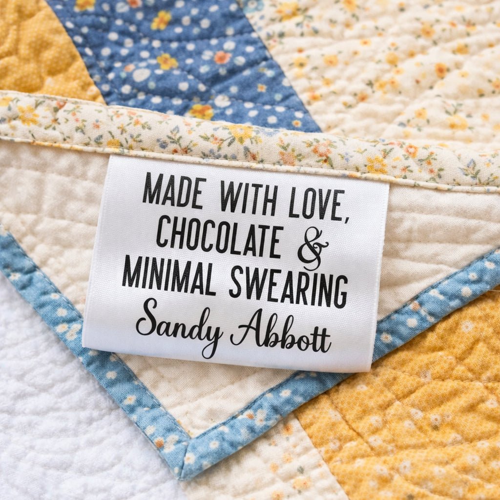 Funny Handmade Satin Tags – “Made with Love, Chocolate & Minimal Swearing” Personalized Sewing Labels, Custom Fold Over Tags (25 Pack) - Jammin Threads