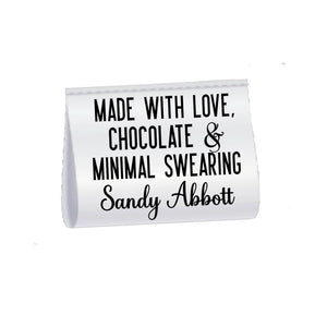 Funny Handmade Satin Tags – “Made with Love, Chocolate & Minimal Swearing” Personalized Sewing Labels, Custom Fold Over Tags (25 Pack) - Jammin Threads