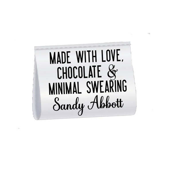 Funny Handmade Satin Tags – “Made with Love, Chocolate & Minimal Swearing” Personalized Sewing Labels, Custom Fold Over Tags (25 Pack) - Jammin Threads