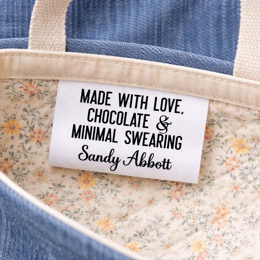 Funny Handmade Satin Tags – “Made with Love, Chocolate & Minimal Swearing” Personalized Sewing Labels, Custom Fold Over Tags (25 Pack) - Jammin Threads