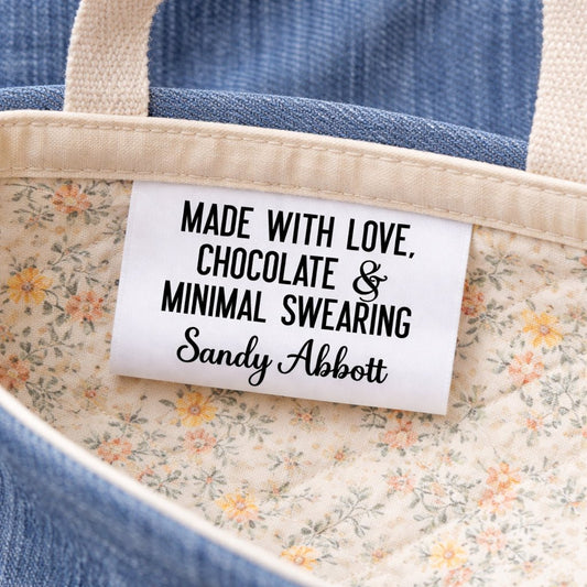 Funny Handmade Satin Tags – “Made with Love, Chocolate & Minimal Swearing” Personalized Sewing Labels, Custom Fold Over Tags (25 Pack) - Jammin Threads