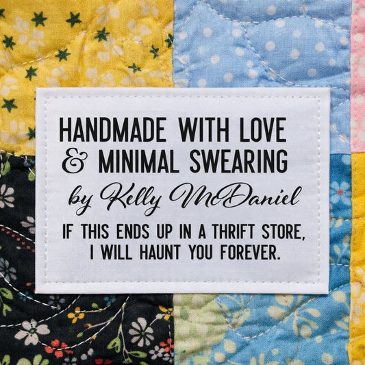 Funny Personalized Quilt Label – Handmade with Love & Minimal Swearing | Custom Name Quilt Tag (8 per Sheet) - Jammin Threads