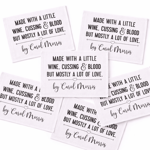 Funny Personalized Quilt Label – Made with a Little Wine, Cussing & Love – Custom Name Quilt Labels – Cotton or Polyester – 6 Per Sheet - Jammin Threads