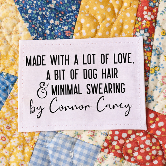 Funny Personalized Quilt Label – “Made with a Lot of Love & a Bit of Dog Hair” | Custom Quilting Label | Cotton or Polyester - Jammin Threads