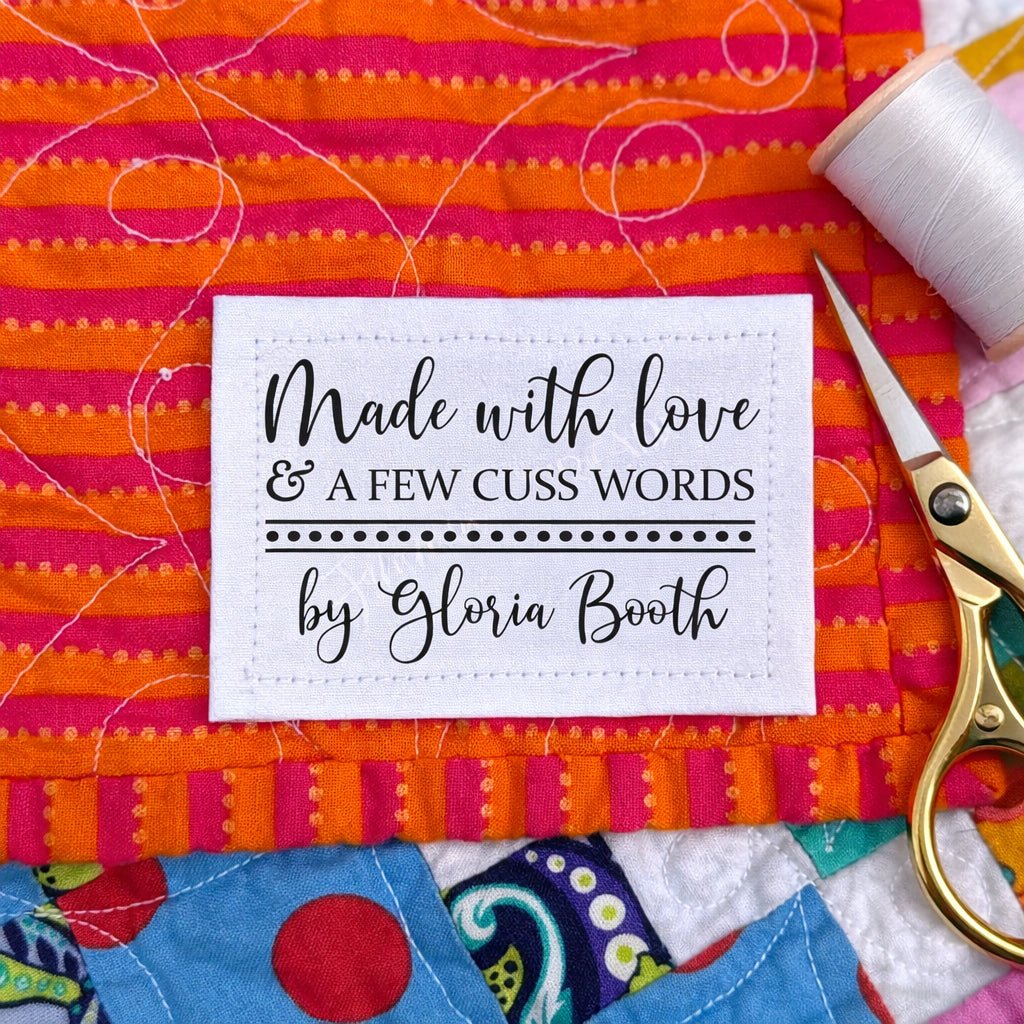 Funny Personalized Quilt Label – Made With Love & A Few Cuss Words – Custom Quilt Tag – 8 Fabric Labels per Sheet – 2.75" x 1.75" - Jammin Threads