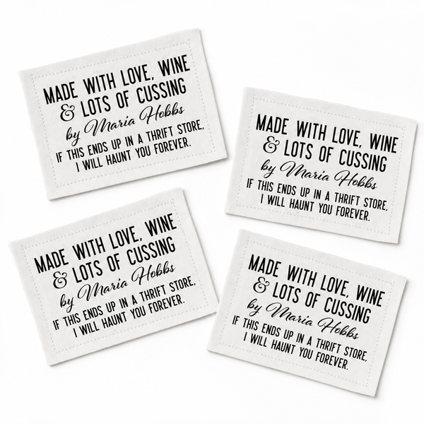 Funny Personalized Quilt Label – Made with Love, Wine & Lots of Cussing – Custom Maker Name - Jammin Threads