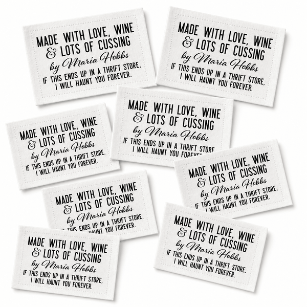Funny Personalized Quilt Label – Made with Love, Wine & Lots of Cussing – Custom Maker Name - Jammin Threads