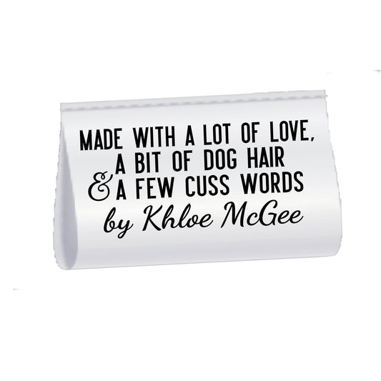 Funny Personalized Satin Quilt Tag – “Made With a Lot of Love, a Bit of Cat Hair & a Few Cuss Words” – Custom Sew - In Quilt Label with Maker Name – 2 x 1" - Jammin Threads