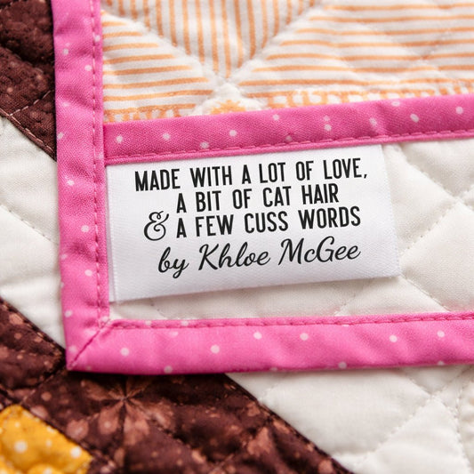Funny Personalized Satin Quilt Tag – “Made With a Lot of Love, a Bit of Cat Hair & a Few Cuss Words” – Custom Sew - In Quilt Label with Maker Name – 2 x 1" - Jammin Threads