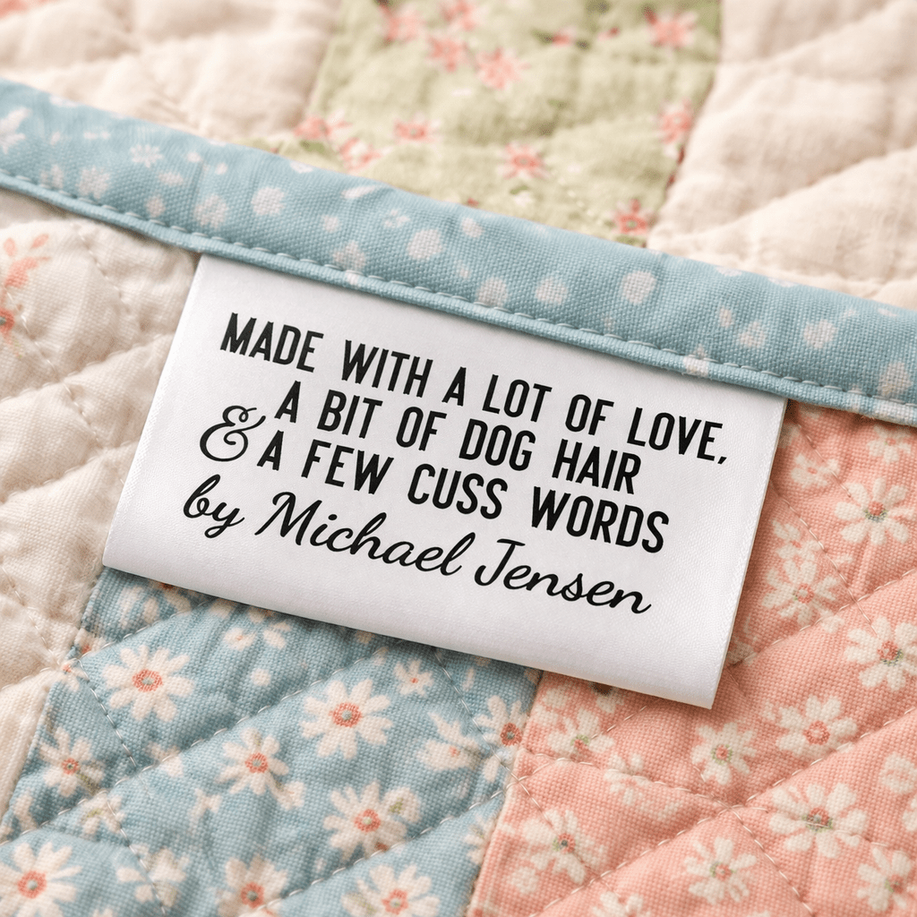 Funny Quilter Satin Tag – “Made With a Lot of Love, a Bit of Dog Hair & a Few Cuss Words” – Personalized Quilt Tag with Maker Name – Fold Over Quilt Labels (Set of 25) - Jammin Threads