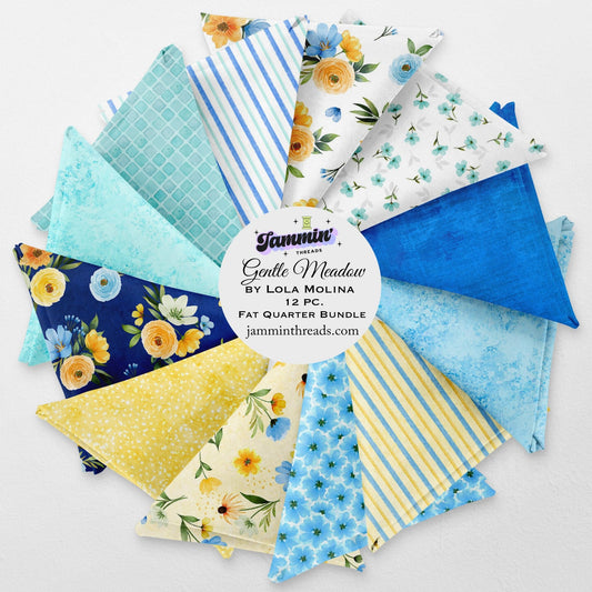 Gentle Meadow Fat Quarter Bundle – 12 Piece Set by Lola Molina for Wilmington Prints – Floral Blue Yellow Quilt Fabric – Curated by Jammin’ Threads - Jammin Threads