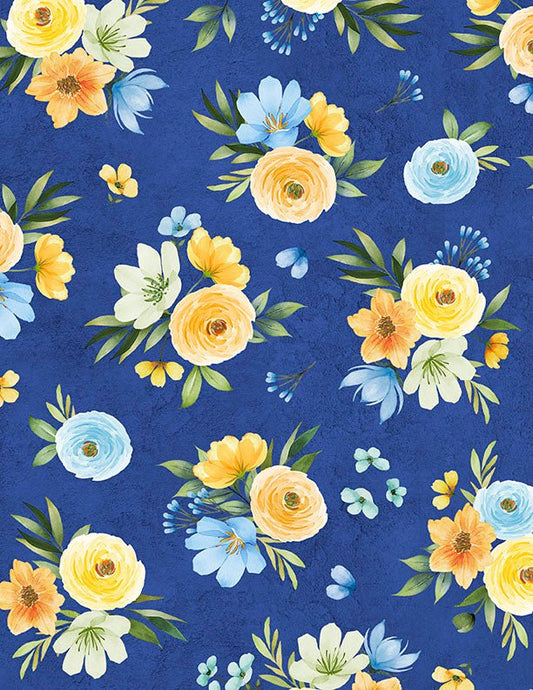 Gentle Meadow Quilt Fabric by Lola Molina Bouquet Toss Blue 3022 32113 457 - Jammin Threads