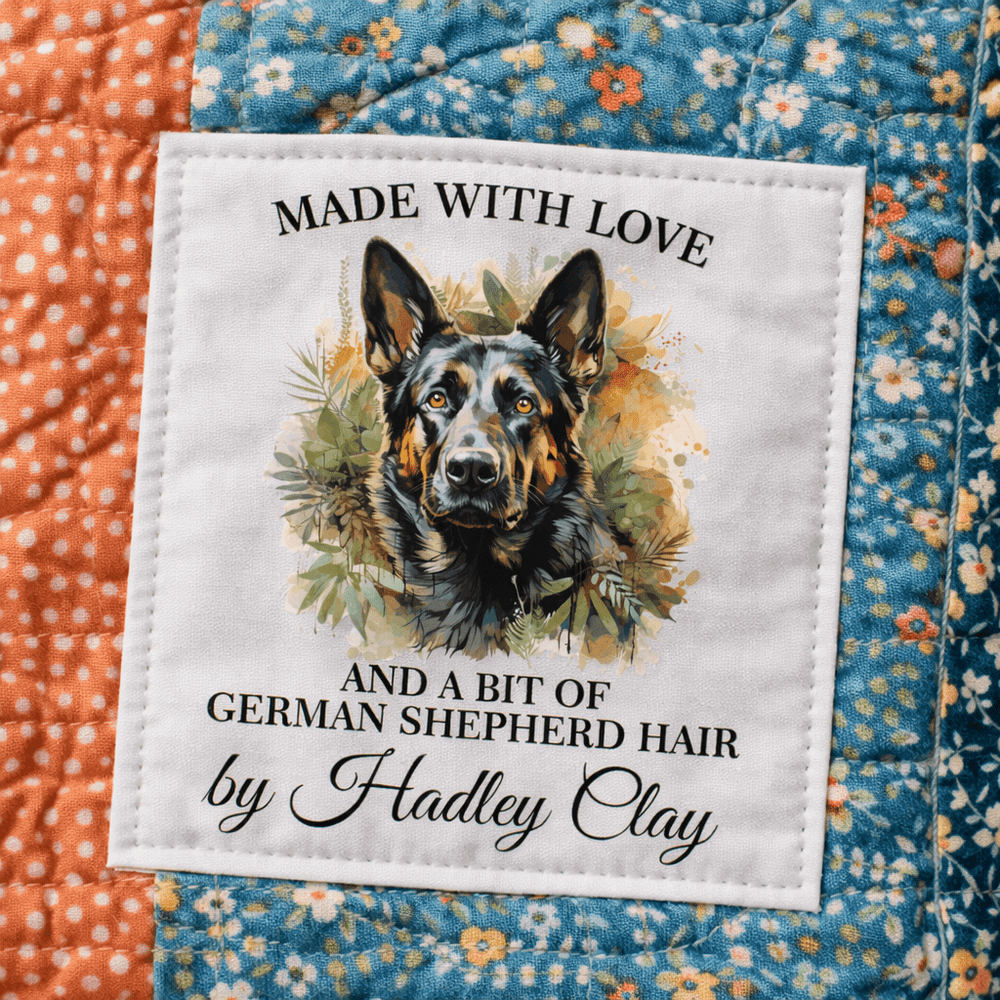 German Shepherd Quilt Label – Made With Love and a Bit of Dog Hair – Personalized Quilt Tag – Pet Lover Sewing Label – 6 per Sheet - Jammin Threads