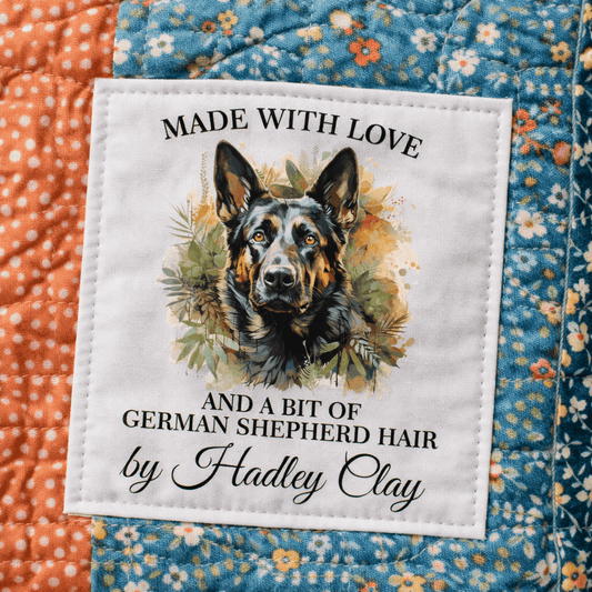German Shepherd Quilt Label – Made With Love and a Bit of Dog Hair – Personalized Quilt Tag – Pet Lover Sewing Label – 6 per Sheet - Jammin Threads