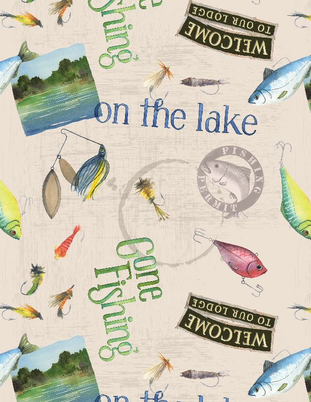 Gone Fishing Large Toss Cream Quilt Fabric 3061 21762 174 - Jammin Threads