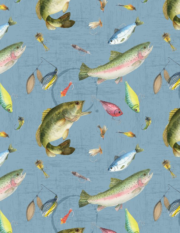 Gone Fishing Quilt Fabric Fish & Lure Toss Blue 3061 21763 475 - Jammin Threads