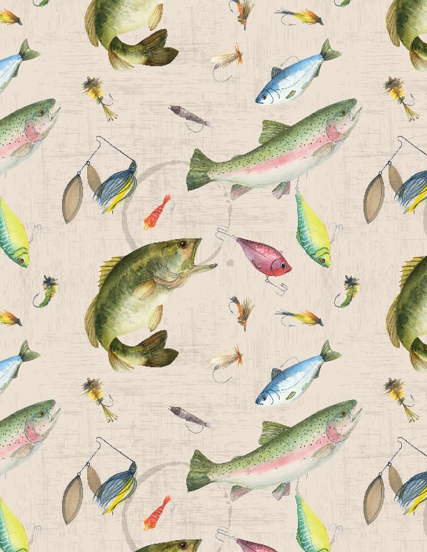 Gone Fishing Quilt Fabric Fish & Lure Toss Cream 3061 21763 175 - Jammin Threads