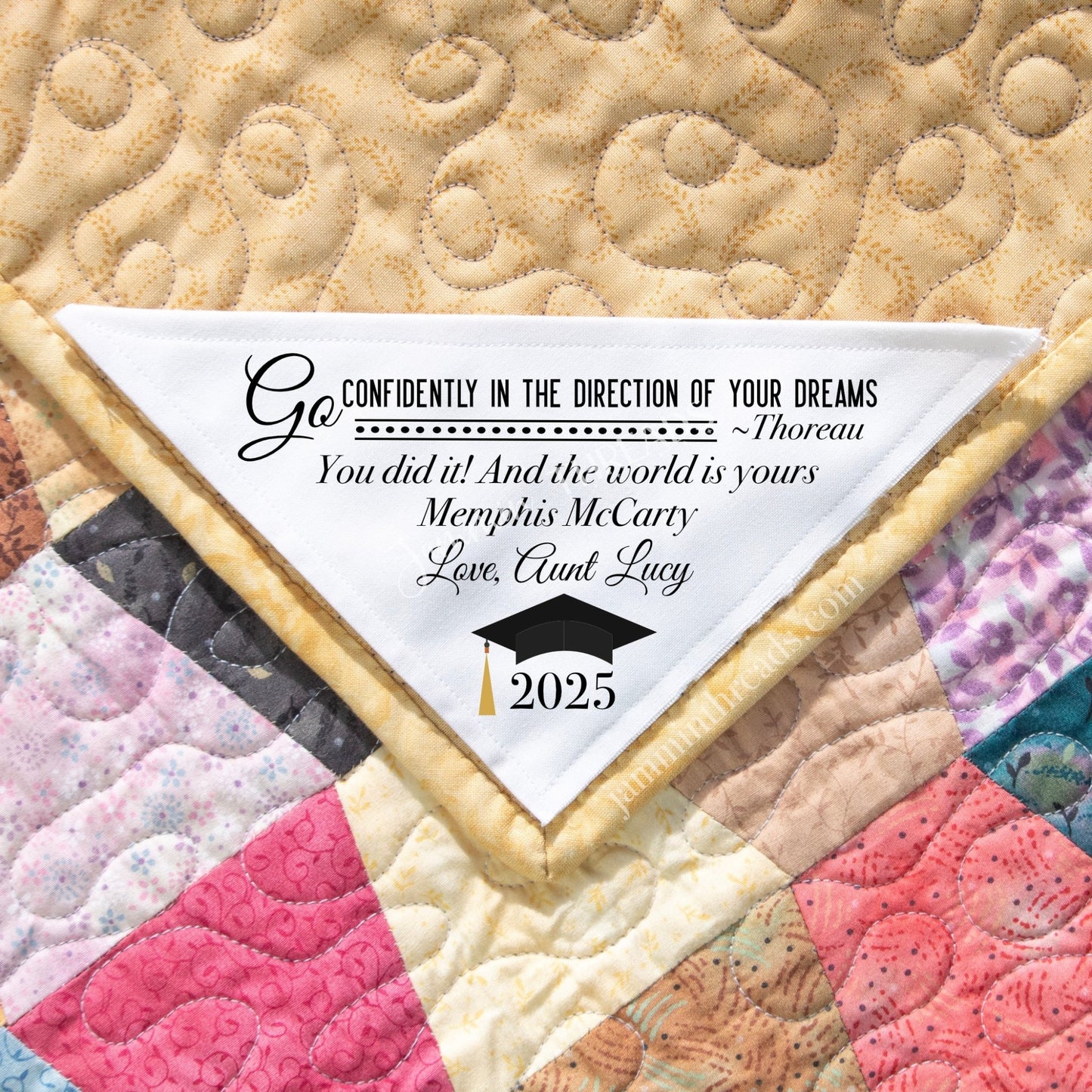 Graduation Quilt Label • “Go Confidently” Thoreau Quote • Personalized Corner Label (5.5”) - Jammin Threads